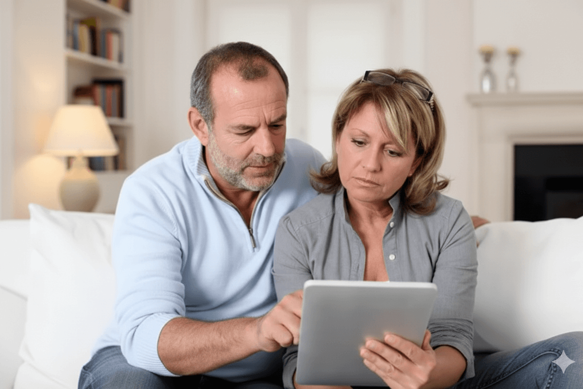 couple préoccupé regardant tablette