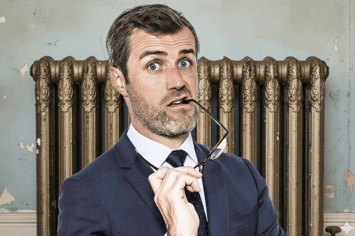 homme qui doute devant un chauffage