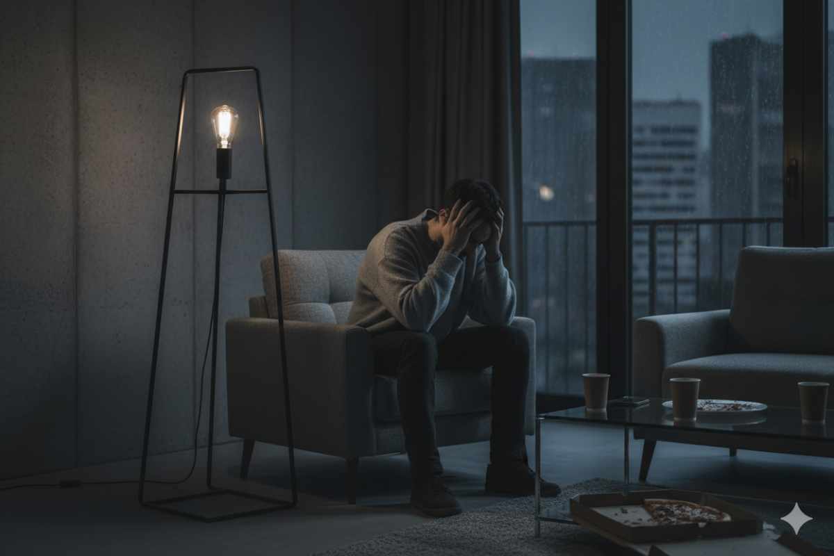 homme découragé dans un appartement sombre