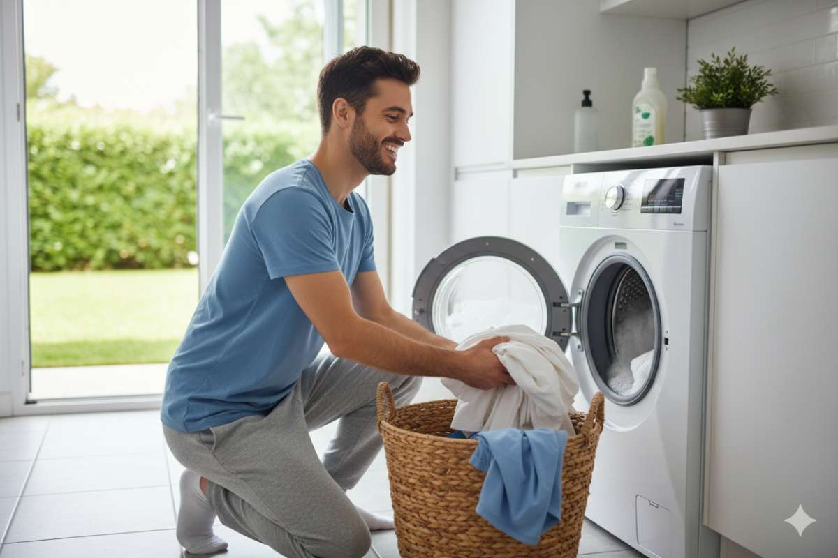 Homme heureux de faire une machine à laver