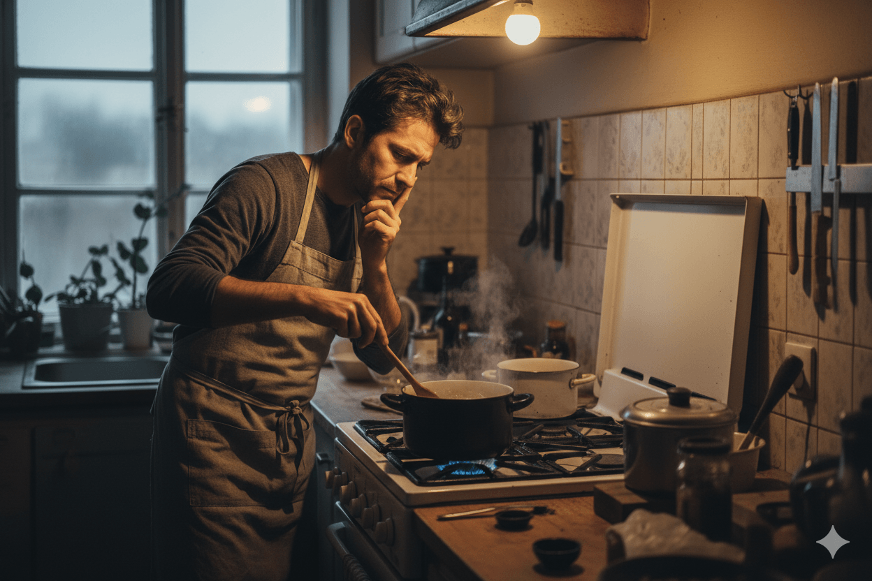 homme préoccupé faisant la cuisine