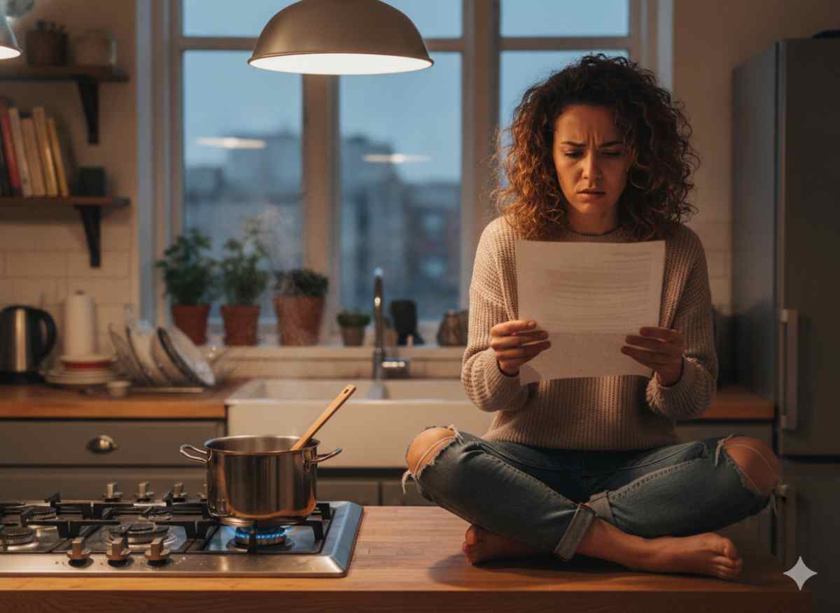 femme lisant une facture dans sa cuisine gaz