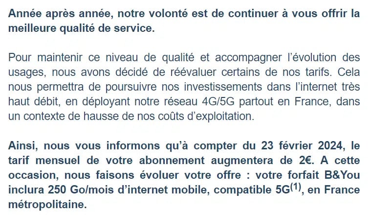 Mail augmentation tarif Bouygues B&You