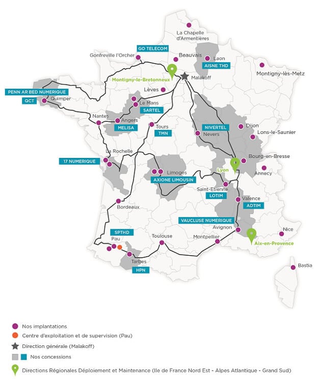 Carte des réseaux Axione en 2016