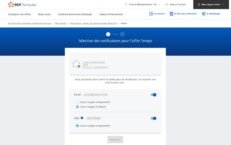Configuration alerte Tempo par SMS depuis espace client