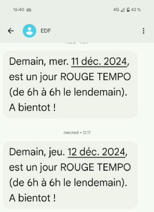 Exemple de SMS Tempo envoyés par EDF