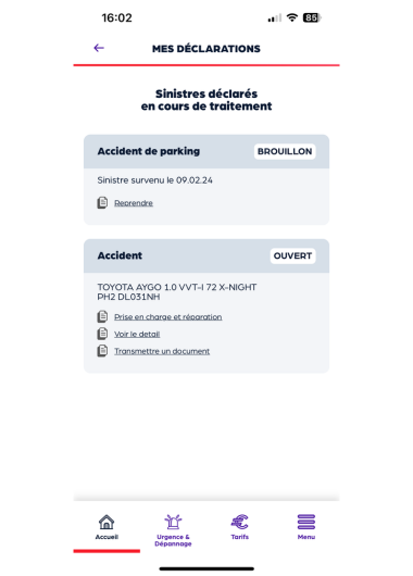 Récapitulatif des sinistres en cours