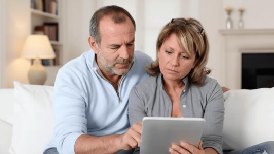couple préoccupé regardant tablette
