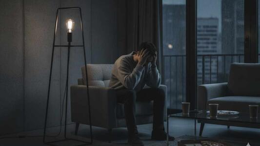 homme découragé dans un appartement sombre