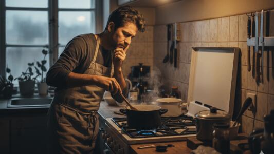 homme préoccupé faisant la cuisine